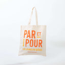 Tote bag personnalisé avec impression orange "Par et pour les jeunes du Québec"